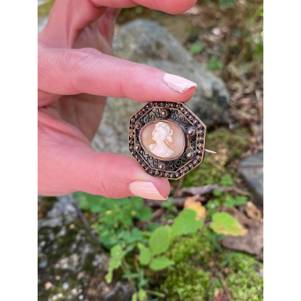 Antique 800 Silver Carved Shell Cameo Brooch
